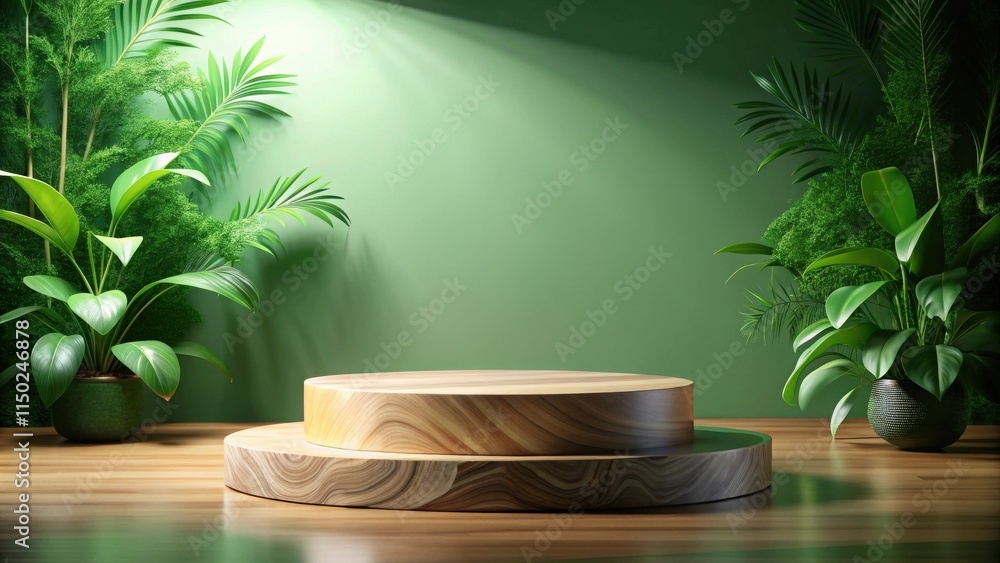 Serene Wooden Display Platform with Lush Green Foliage Serene Wooden Display Platform with Lush Green Foliage