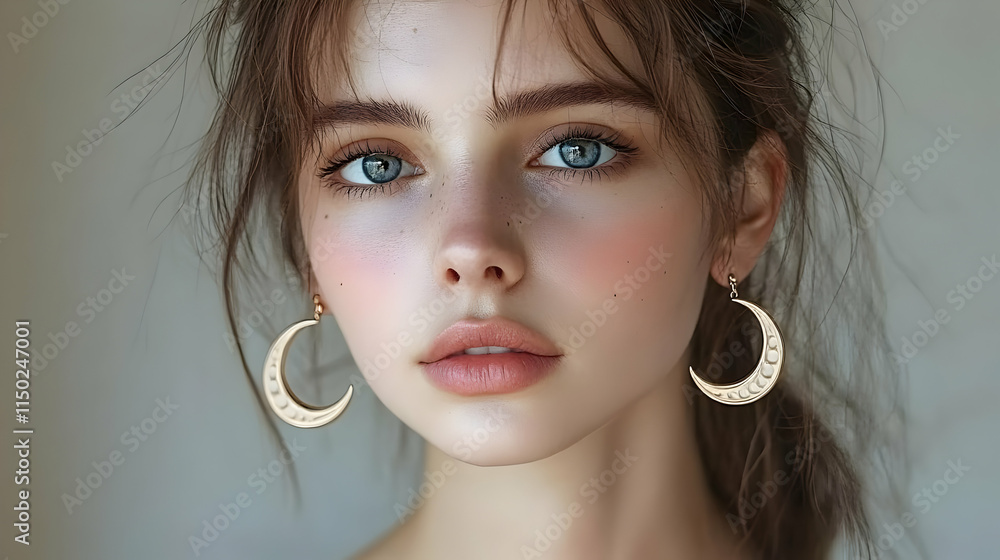 Close up portrait of a person wearing earrings shaped like crescent moons copy space on the side. concept as A detailed portrait focusing on earrings shaped like crescent moons worn by a person symbol Close up portrait of a person wearing earrings shaped like crescent moons copy space on the side. concept as A detailed portrait focusing on earrings shaped like crescent moons worn by a person symbol