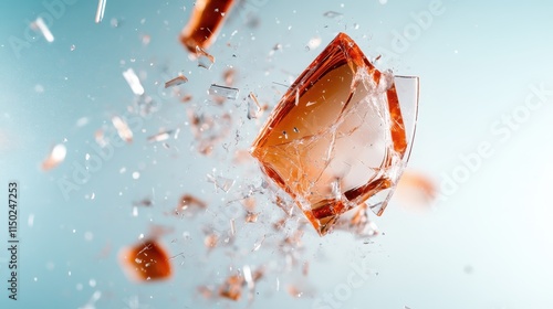 This image captures a dynamic, abstract art piece featuring shattered glass fragments radiating outward, creating a sense of motion and energy on a serene background. photo