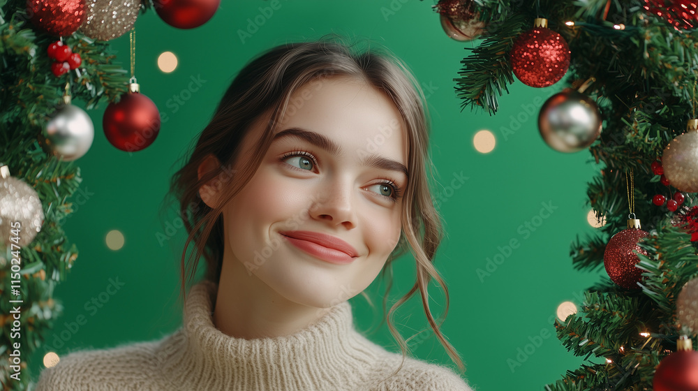 Festive Portrait of a Smiling Young Woman Framed by Christmas Decorations on Green Background Festive Portrait of a Smiling Young Woman Framed by Christmas Decorations on Green Background
