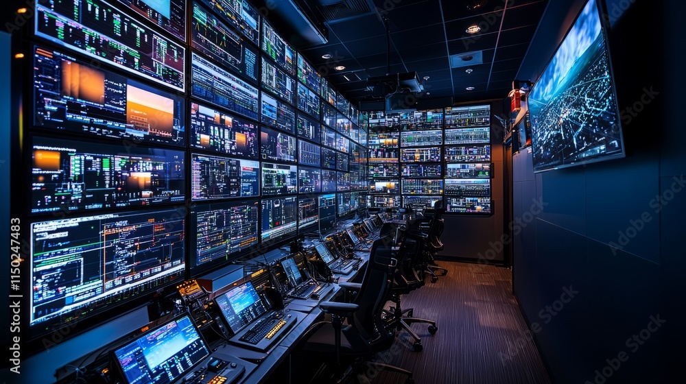 High-Tech Control Room with Screens and Equipment High-Tech Control Room with Screens and Equipment
