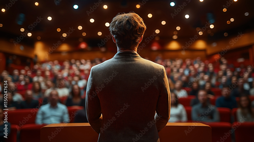 Confident Speaker in Business Attire Addressing Audience in a Large Conference Hall