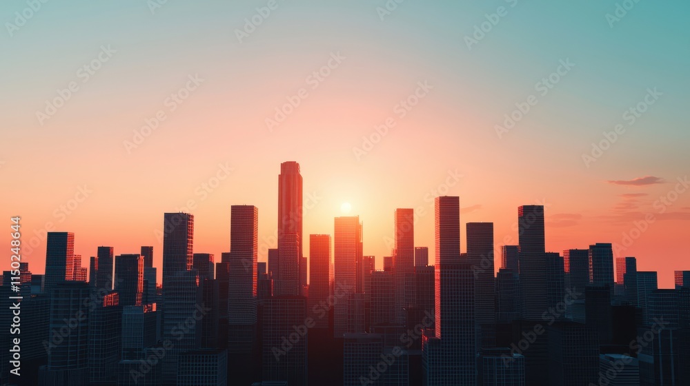 Fototapeta premium futuristic city skyline at sunset, showcasing tall buildings and vibrant colors. scene captures essence of urban life and renewable energy