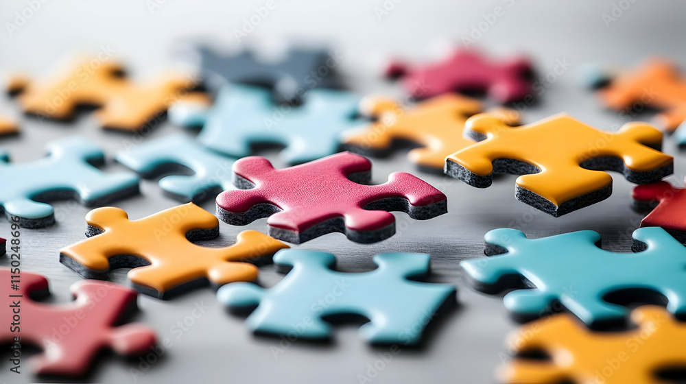 Fototapeta premium Floating Puzzle Pieces with Team Icons on White Background - Symbolizing Dynamic Teamwork and Collaboration