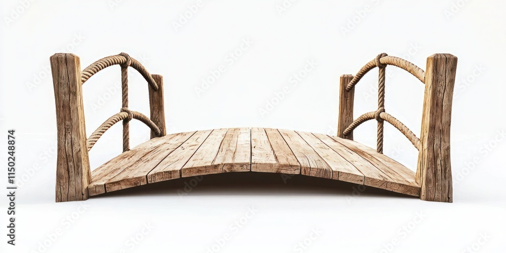 Fototapeta premium An arch rustic wooden wood suspended rope suspension bridge entrance footbridge boardwalk on white background. Mockup template for design