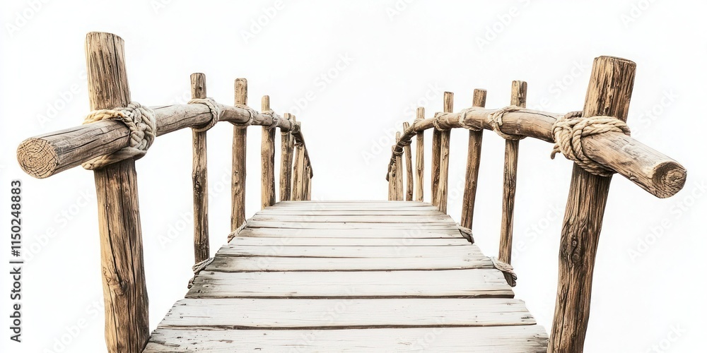 Fototapeta premium An arch rustic wooden wood suspended rope suspension bridge entrance footbridge boardwalk on white background. Mockup template for design