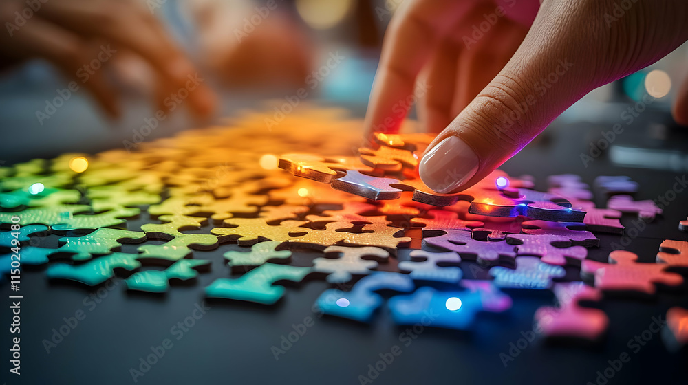 Futuristic Close-Up of Puzzle Pieces with Digital Interfaces Connected by Team Members, Symbolizing Advanced Collaboration and Team Building Futuristic Close-Up of Puzzle Pieces with Digital Interfaces Connected by Team Members, Symbolizing Advanced Collaboration and Team Building