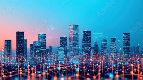 Wallpaper Mural futuristic city skyline with glowing buildings and digital connections, showcasing smart city concept. vibrant colors create dynamic atmosphere of innovation and technology Torontodigital.ca