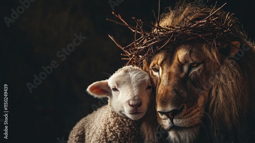 Biblical symbolism lion and lamb Jesus crowned with thorns on black background. Concept Religious Art, Lion and Lamb, Biblical Symbolism, Jesus Crown of Thorns, Black Background