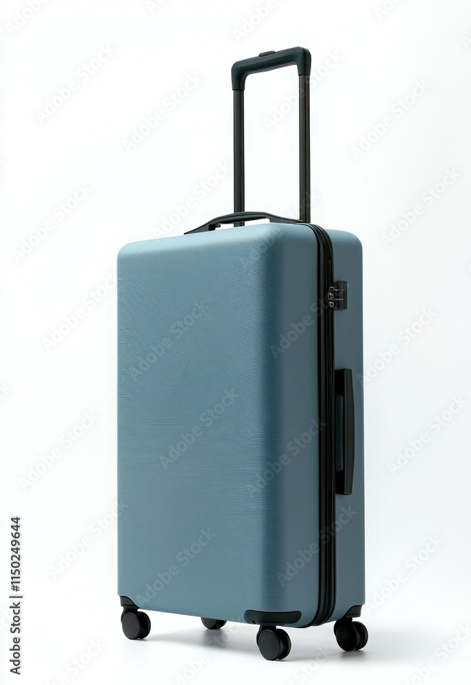 Blue suitcase with extended handle and wheels on a white background - sleek and practical. Blue suitcase with extended handle and wheels on a white background - sleek and practical.