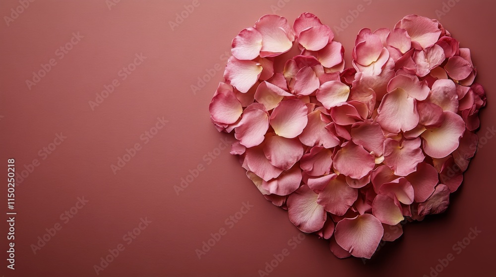 Fototapeta premium Romantic arrangement of pink roses and heart decorations on rustic wooden table in soft dim light