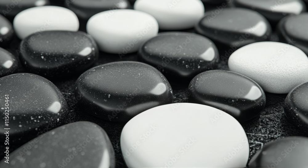 Contrast of smooth black and white stones arranged in decorative pattern on a flat surface Contrast of smooth black and white stones arranged in decorative pattern on a flat surface