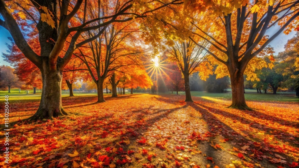 Fototapeta premium Golden Autumn Sunlight Illuminates a Path Through a Canopy of Vibrant Maple Trees