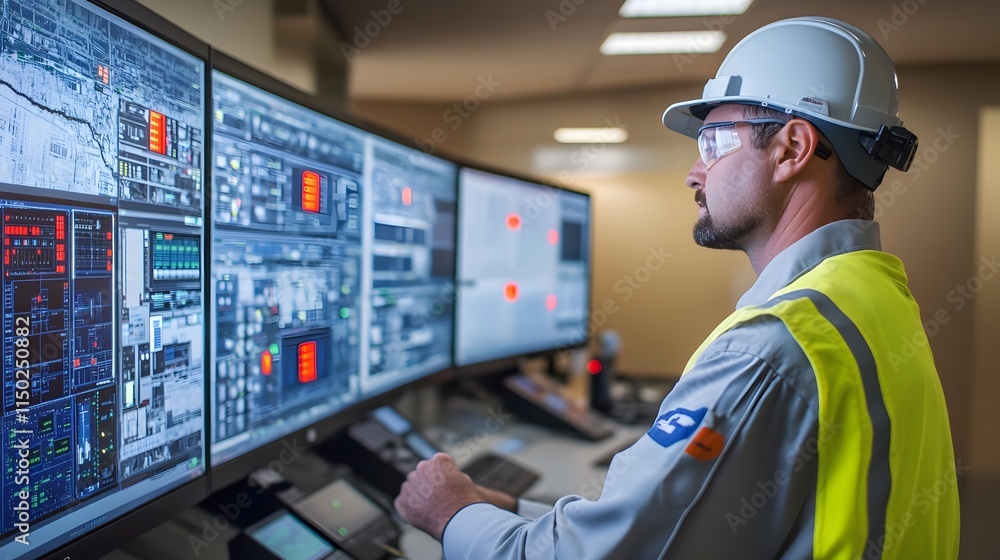 Alarms illuminate control room, technician focused on urgent red indicators. Alarms illuminate control room, technician focused on urgent red indicators.