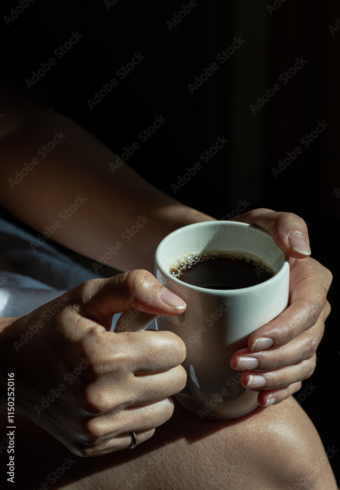 Close-up of Comforting cozy female hands holding a coffee mug with the morning sunlight that shines through. Dark tone, use it as your Wallpaper, Poster and Copy space, Selective focus.