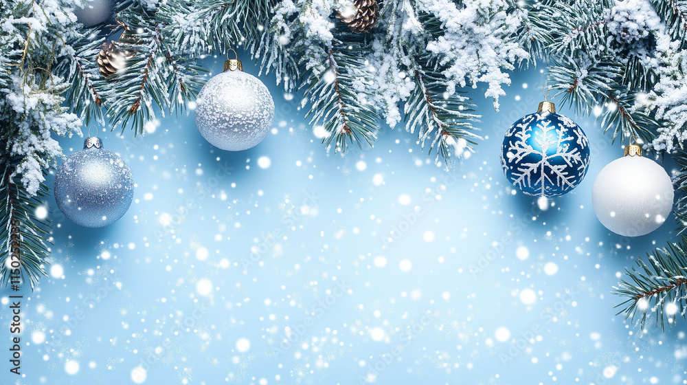 Blue Christmas Background with Snowflakes and Sparkling Christmas Balls for Elegant Holiday Celebration Blue Christmas Background with Snowflakes and Sparkling Christmas Balls for Elegant Holiday Celebration