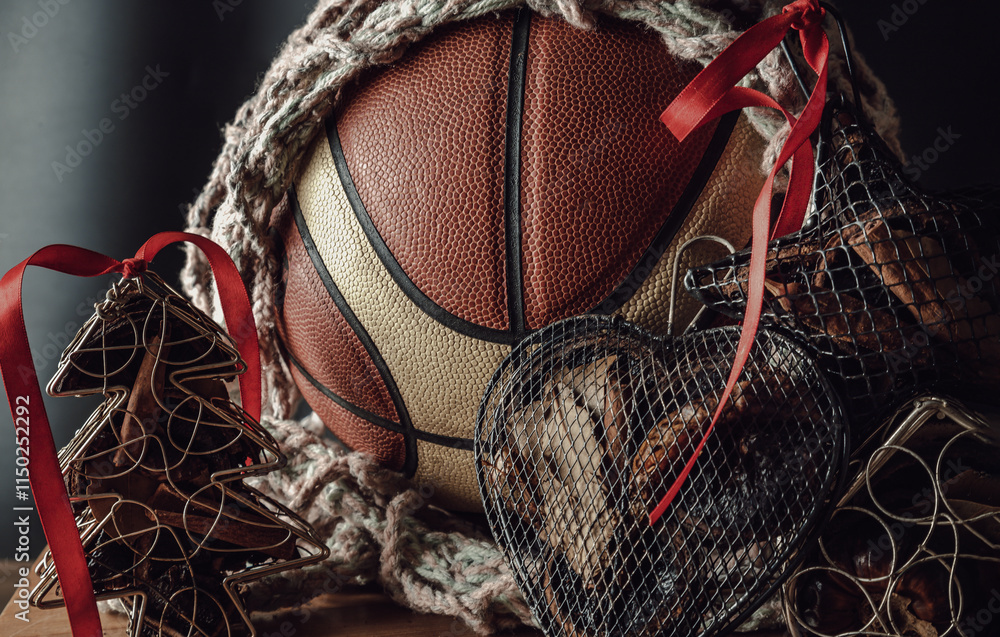 Basketball ball inside of mesh net string decoration with Christmas tree mesh case, Star mesh case and Heart mesh case on black background. sports play on christmas, Christmas-themed event basketball