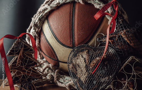 Obraz na płótnie Basketball ball inside of mesh net string decoration with Christmas tree mesh case, Star mesh case and Heart mesh case on black background. sports play on christmas, Christmas-themed event basketball w salonie