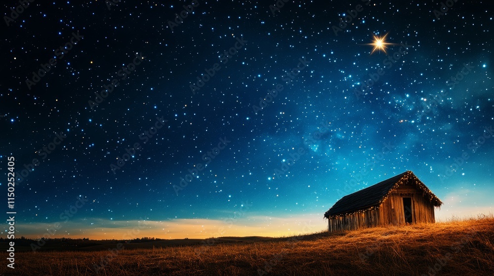 Naklejka premium The star shines over the manger of christmas of Jesus Christ. panorama