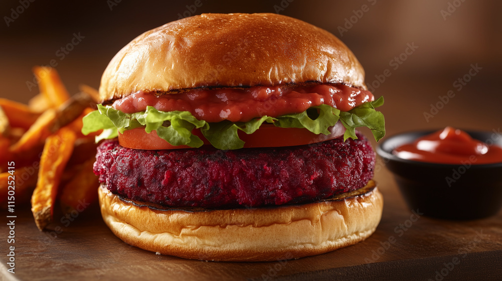 Beetroot veggie burger with lettuce, tomato, and sweet potato fries Beetroot veggie burger with lettuce, tomato, and sweet potato fries
