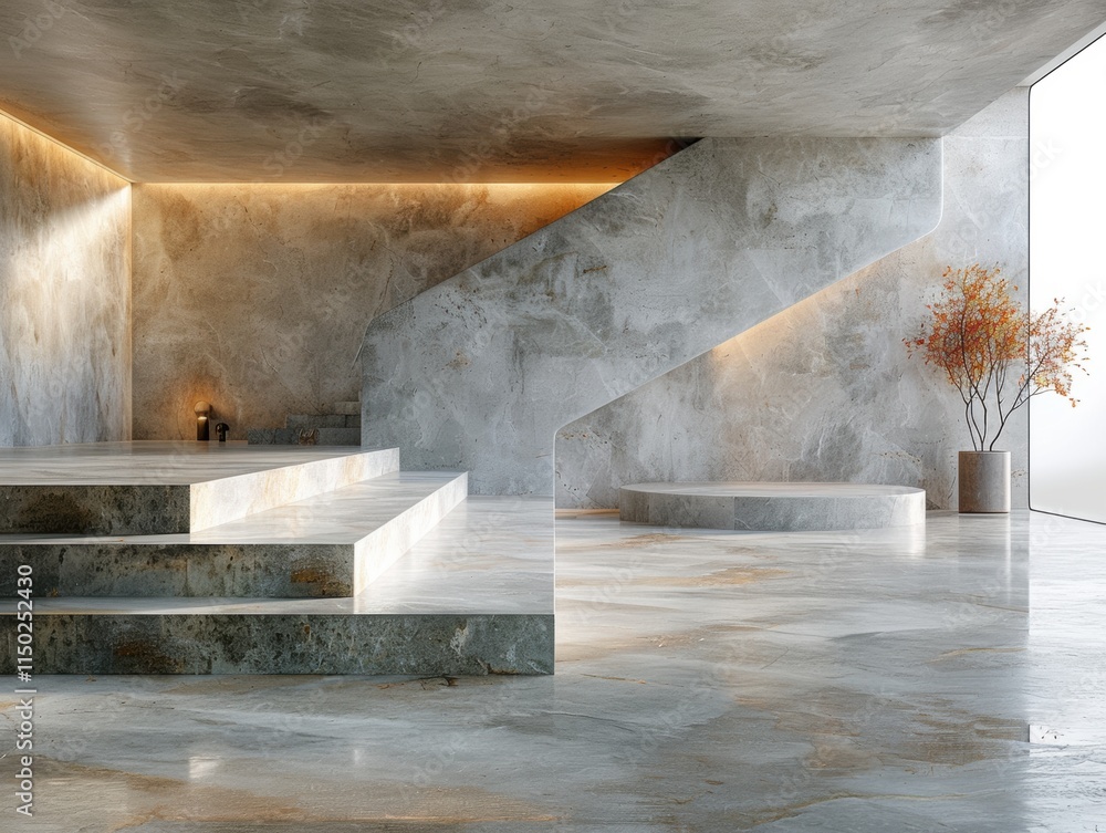 Modern Minimalist Interior Stone Steps Platform Tree Modern Minimalist Interior Stone Steps Platform Tree