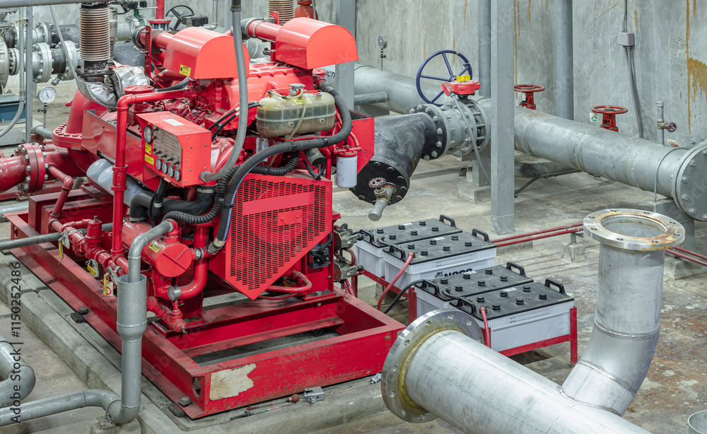 Fire protection system of Condominium. Red generator pump for water sprinkler piping and Fire alarm control system, Electric fire pump and Diesel fire pump for Fire fighting system, Space for text.