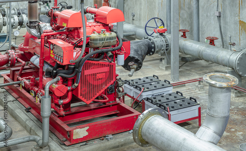 Obraz na płótnie Fire protection system of Condominium. Red generator pump for water sprinkler piping and Fire alarm control system, Electric fire pump and Diesel fire pump for Fire fighting system, Space for text. w salonie