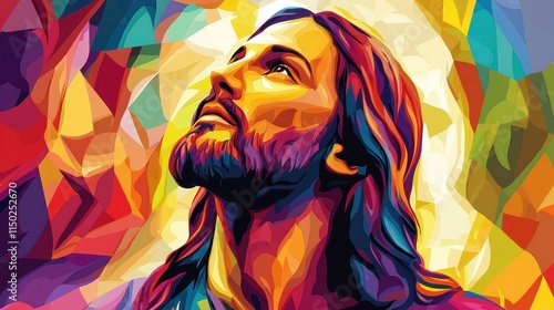 Colorful abstract portrait of Jesus Christ in Christian art style. Concept Religious Art, Christian Iconography, Abstract Portraiture, Colorful Depiction, Spiritual Symbolism