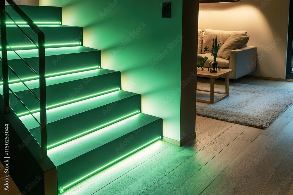 LED strip lights in gentle green illuminate each step of a sleek staircase in a