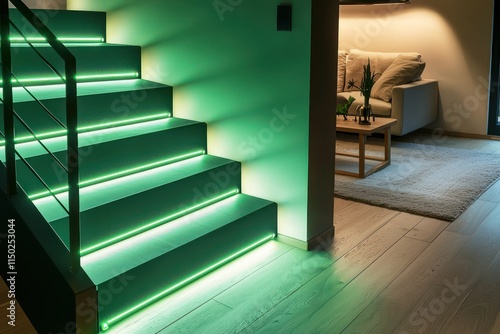 Obraz na płótnie LED strip lights in gentle green illuminate each step of a sleek staircase in a w salonie