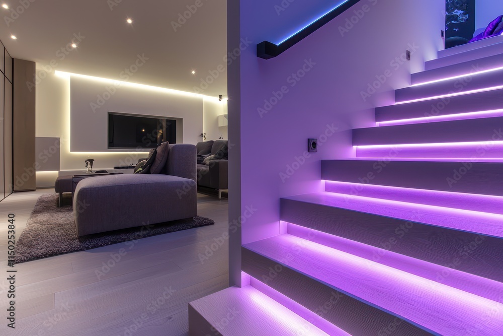 LED strip lights in soft violet illuminate the steps of a modern apartment staircase