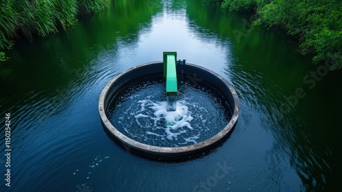 A circular water feature stands out amid lush greenery, the gentle water flow creating a serene atmosphere, with reflections adding an element of tranquility and peace. photo