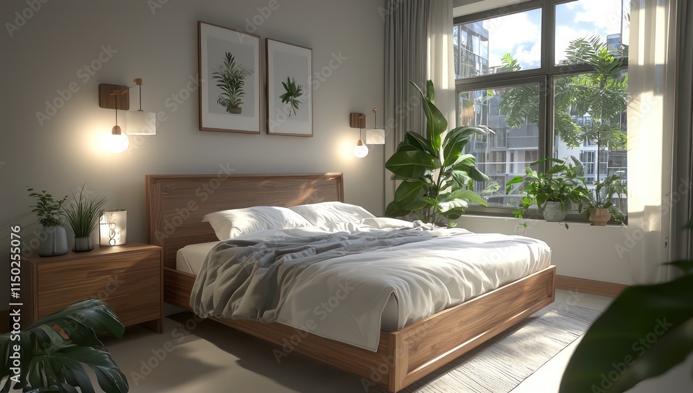 Fototapeta premium Modern 3D minimalist bedroom design featuring a wooden bed, white and grey tones, soft ambient