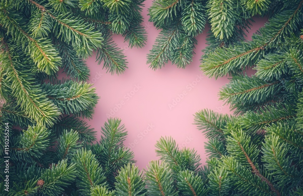 Green pine branches frame a soft pink background for a fresh and natural aesthetic Green pine branches frame a soft pink background for a fresh and natural aesthetic