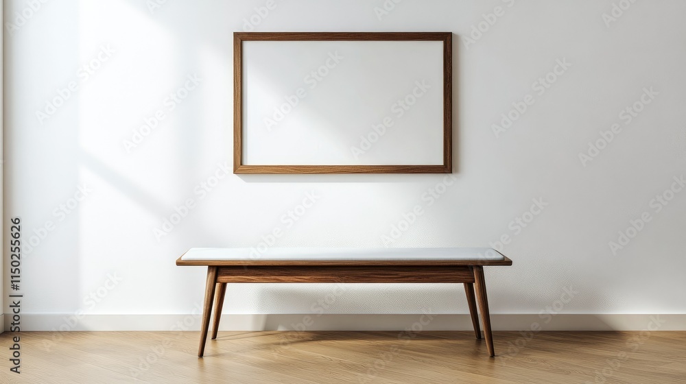 Blank wall frame above a simple bench in a Scandinavian-style room Blank wall frame above a simple bench in a Scandinavian-style room