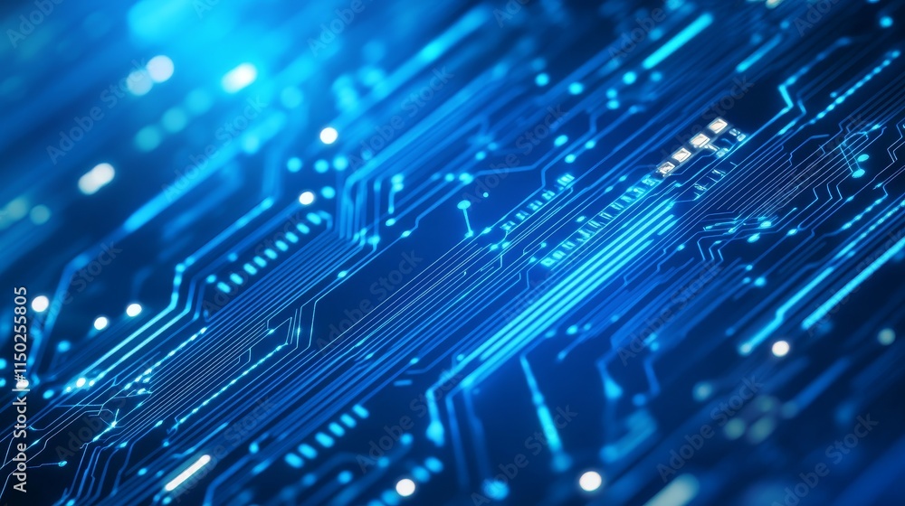 Futuristic Blue Circuit Board With Glowing Lines and Intricate Patterns Depicting Advanced Technology and Digital Connections Futuristic Blue Circuit Board With Glowing Lines and Intricate Patterns Depicting Advanced Technology and Digital Connections