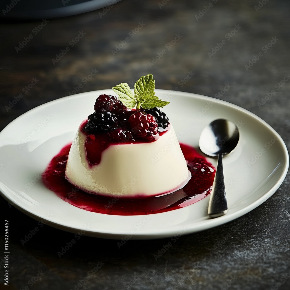 A delicate serving of panna cotta with a berry sauce, served in a sleek white dessert dish, Panna cotta centered A delicate serving of panna cotta with a berry sauce, served in a sleek white dessert dish, Panna cotta centered