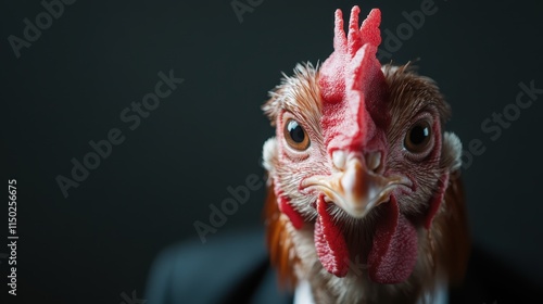 A close-up image showing a chicken wearing a suit, with a serious expression, captivating the viewer with its detailed features and strong presence. photo