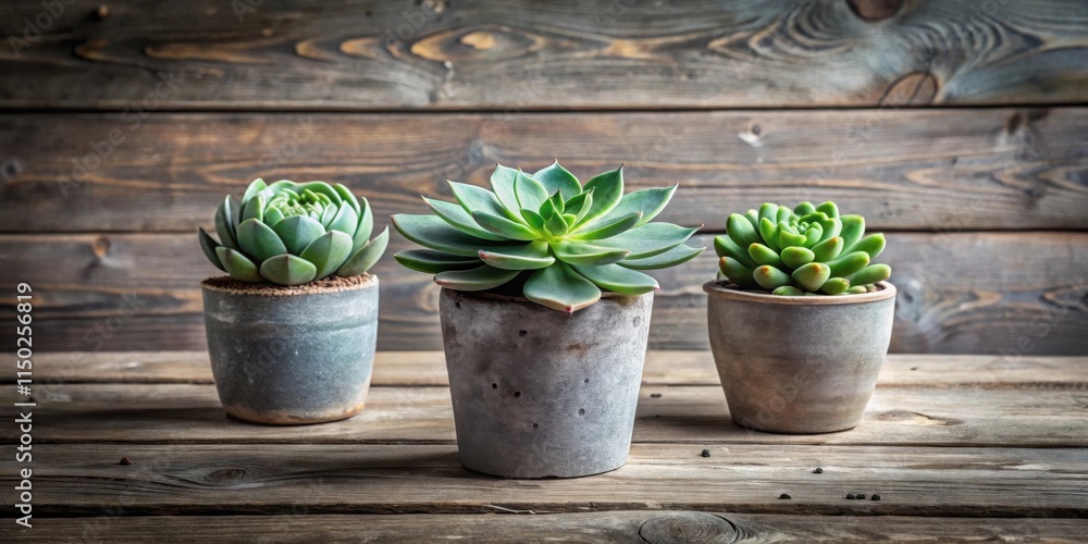 Three potted succulents arranged on rustic wooden surface Three potted succulents arranged on rustic wooden surface