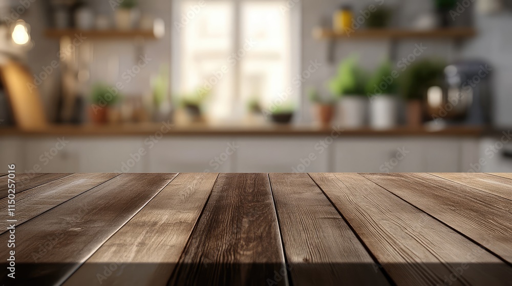 Wood table top on blur kitchen counter (room)background. Wood table top on blur kitchen counter (room)background.