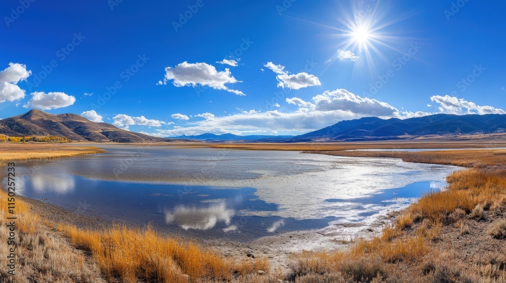 Serene Landscape of Calm Lake Under Bright Sky with Fluffy Clouds and Majestic Mountains in the Background during a Clear Day in Autumn Season Serene Landscape of Calm Lake Under Bright Sky with Fluffy Clouds and Majestic Mountains in the Background during a Clear Day in Autumn Season