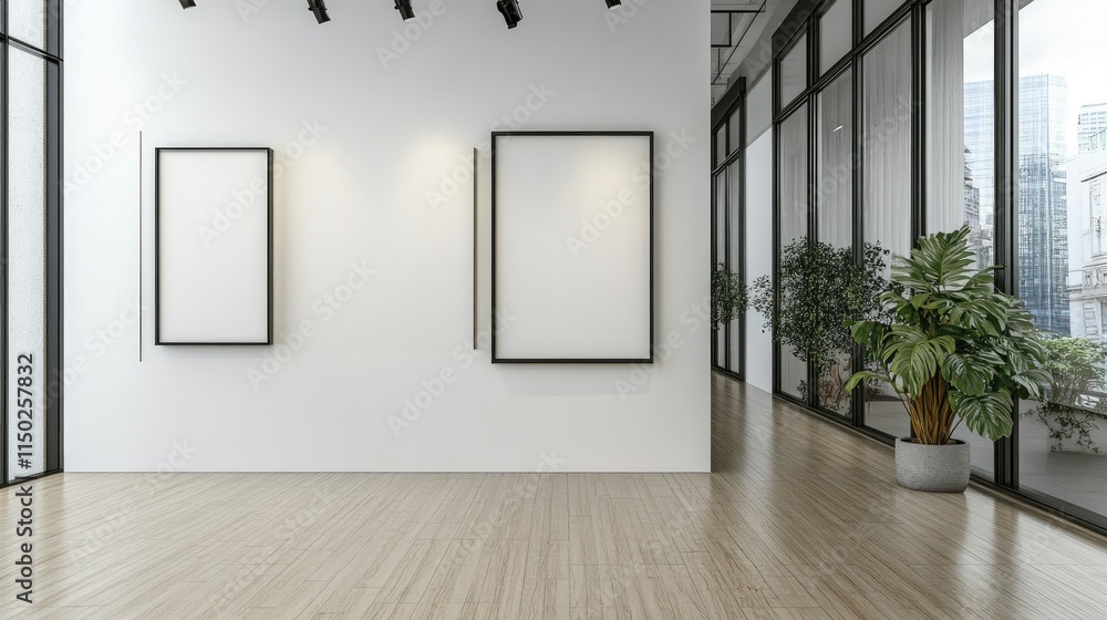 Blank wall frame in a modern, white-walled gallery space Blank wall frame in a modern, white-walled gallery space