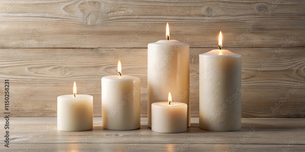 Serene off-white candles burning brightly on a rustic wooden surface Serene off-white candles burning brightly on a rustic wooden surface