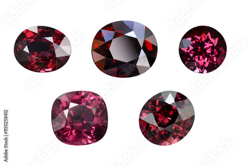 Natural rhodolite faceted garnet gems isolated on white backgroung. Cherry red color oval, round, cushion shped trasparent garnets ready to be set in precious metal jewelry. Gemology, mineralogy. photo