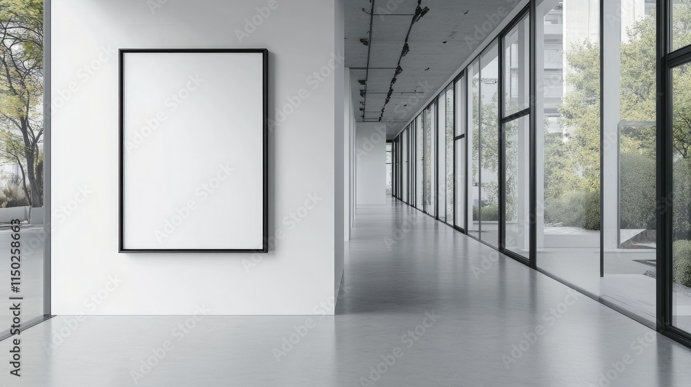 Blank wall frame in a modern, white-walled gallery space Blank wall frame in a modern, white-walled gallery space