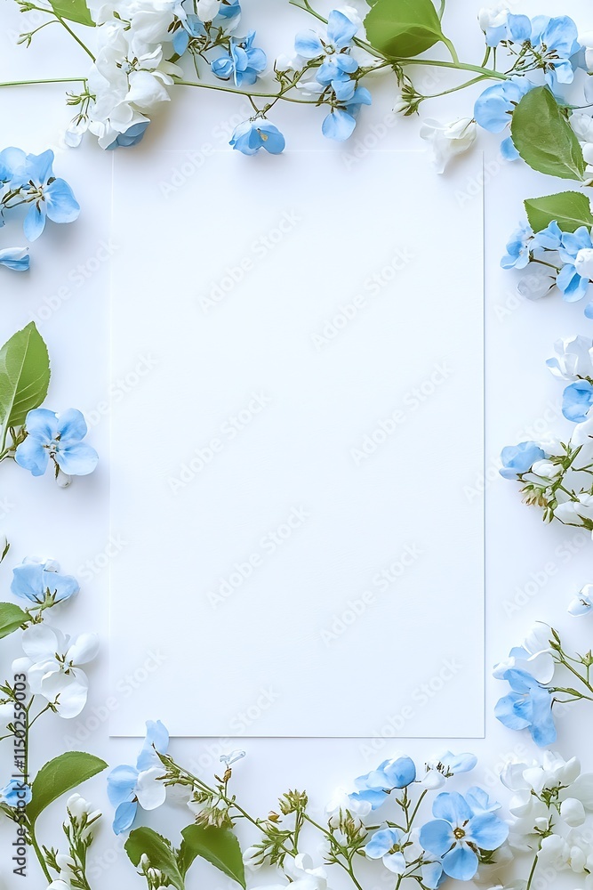 Fototapeta premium Fresh and Delicate Blue and White Floral Border on Clean White Paper : Generative AI
