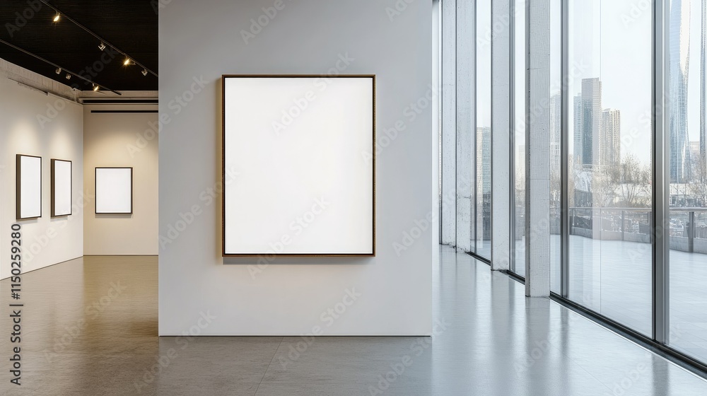 Blank wall frame in a modern, white-walled gallery space Blank wall frame in a modern, white-walled gallery space