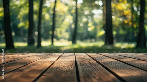 wooden decking with blurred forest in background, product display mockup