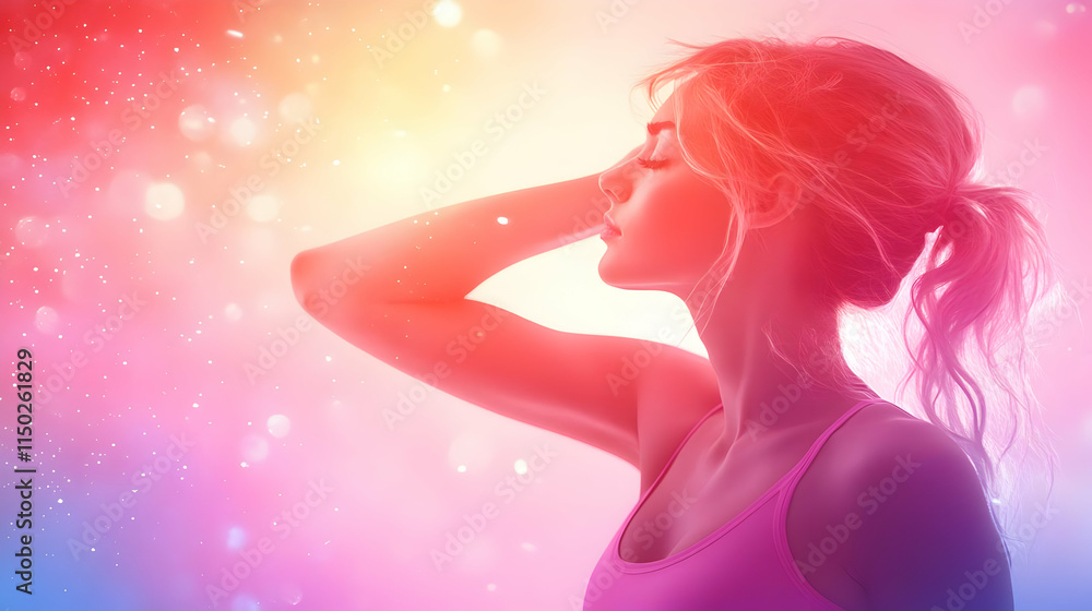 Woman doing stretching exercises with soft abstract background copy space on right concept as A woman performing stretching exercises against a soft abstract background emphasizing flexibility and sel