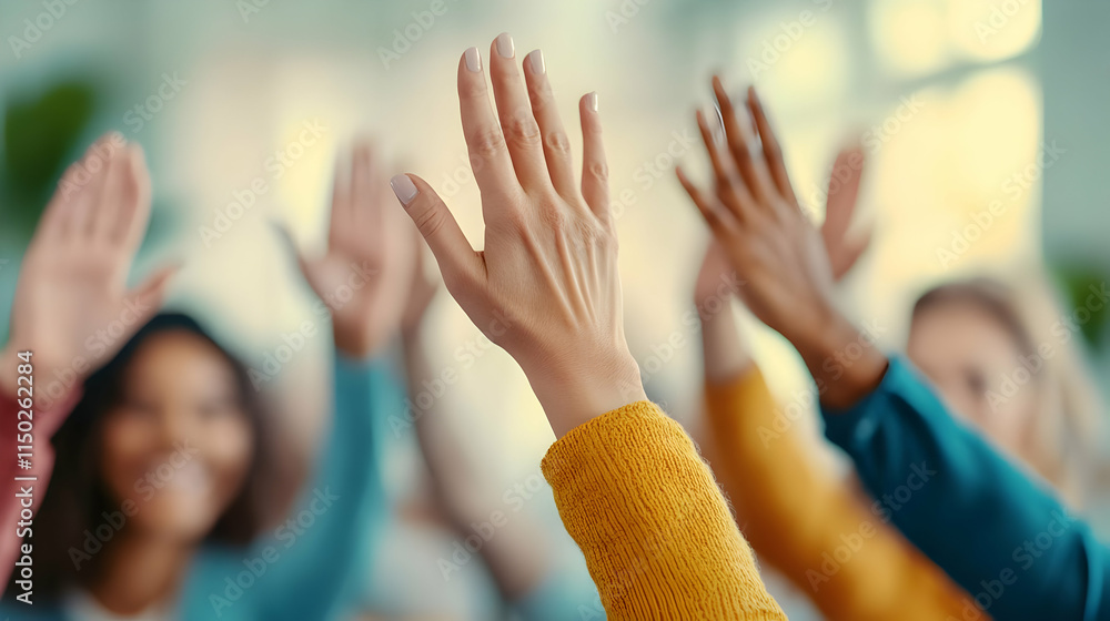 Diverse team celebrates success high-fiving after puzzle completion in open workspace with ample copy space for branding Diverse team celebrates success high-fiving after puzzle completion in open workspace with ample copy space for branding